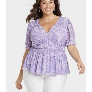 Ava & Viv purple swirl puff short-sleeve V-neck mesh blouse Size 4X